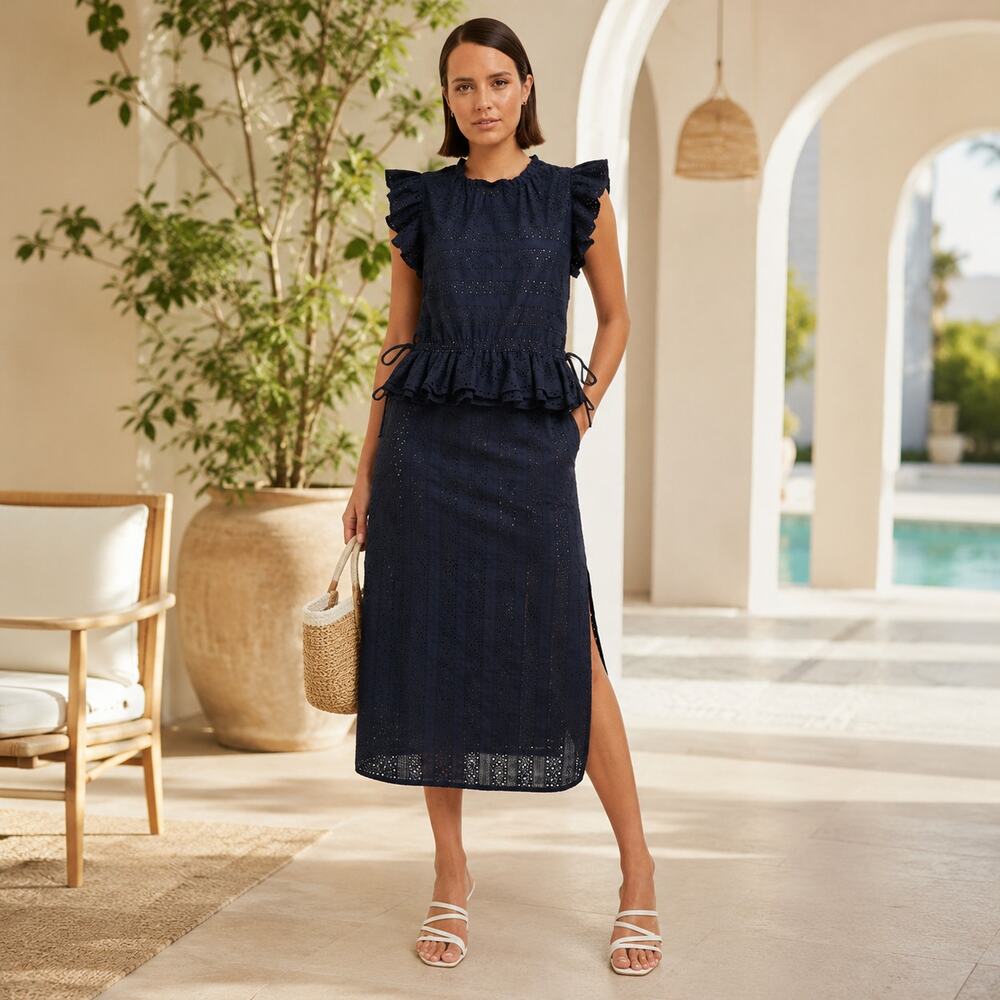 Katharine Kidd Navy Eyelet Midi Dress XS Flora Peplum Side Slit Pockets Made USA